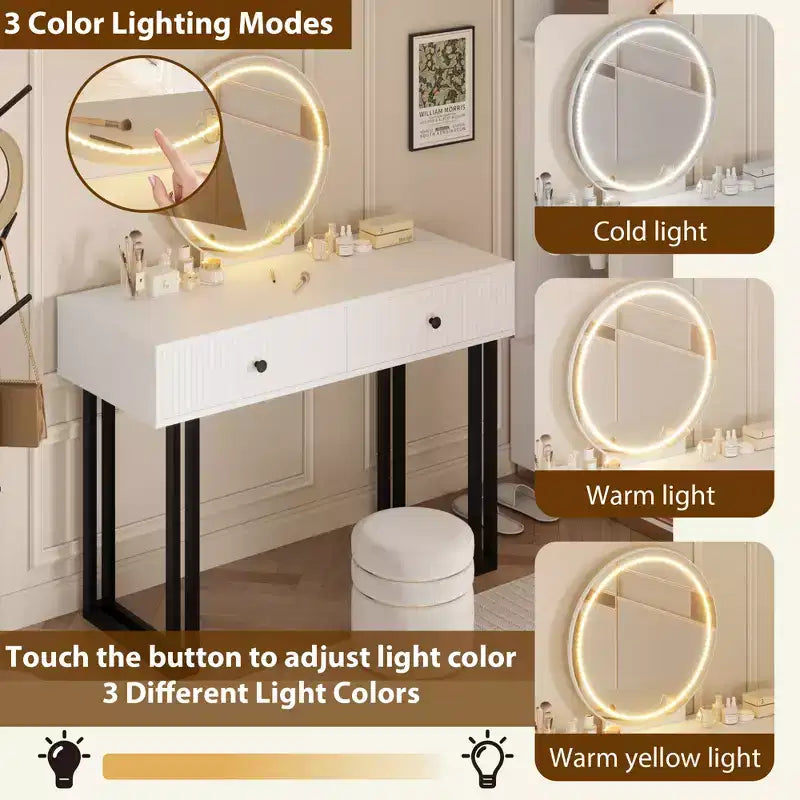 Coiffeuse avec miroir rond HD, petite coiffeuse noire moderne de 100 cm, table de maquillage avec 2 tiroirs, coiffeuse compacte pour filles pour chambre à coucher