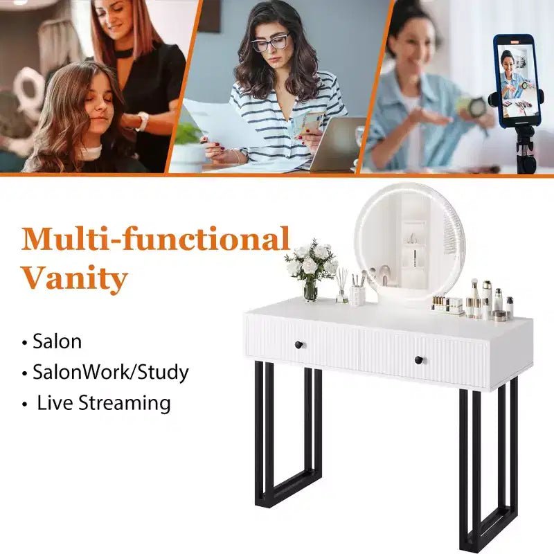 Coiffeuse avec miroir rond HD, petite coiffeuse noire moderne de 100 cm, table de maquillage avec 2 tiroirs, coiffeuse compacte pour filles pour chambre à coucher