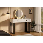 Coiffeuse avec miroir rond HD, petite coiffeuse noire moderne de 100 cm, table de maquillage avec 2 tiroirs, coiffeuse compacte pour filles pour chambre à coucher