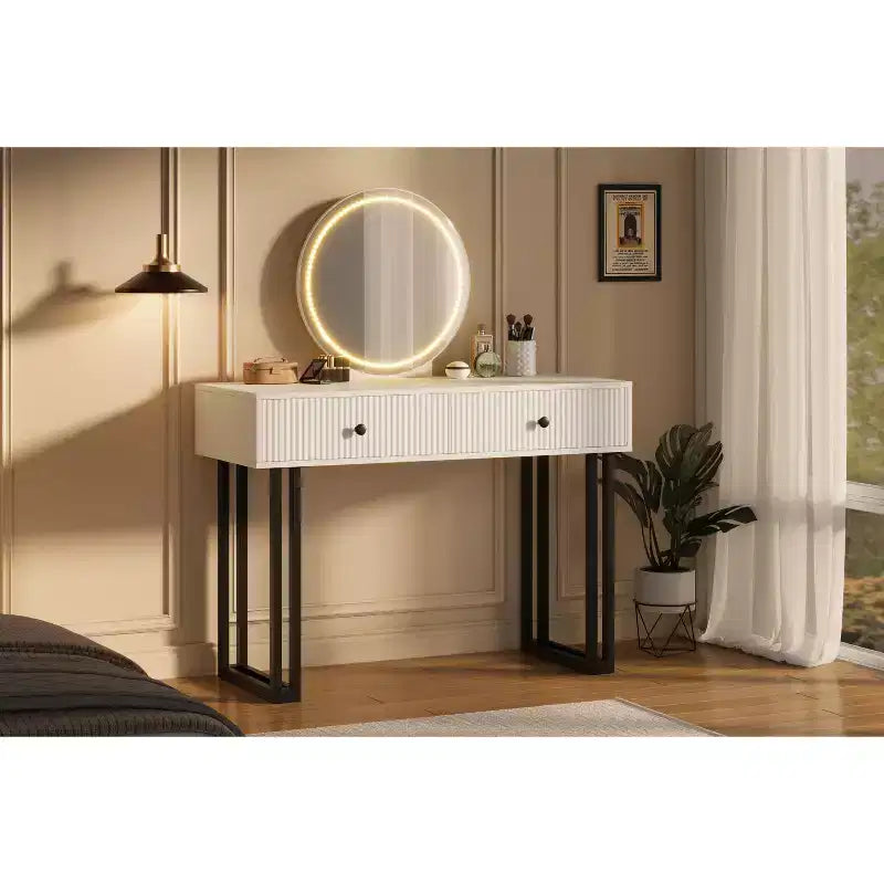 Coiffeuse avec miroir rond HD, petite coiffeuse noire moderne de 100 cm, table de maquillage avec 2 tiroirs, coiffeuse compacte pour filles pour chambre à coucher