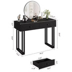 Coiffeuse avec miroir rond HD, petite coiffeuse noire moderne de 100 cm, table de maquillage avec 2 tiroirs, coiffeuse compacte pour filles pour chambre à coucher