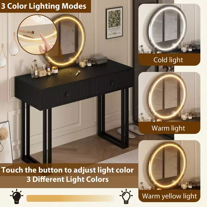 Coiffeuse avec miroir rond HD, petite coiffeuse noire moderne de 100 cm, table de maquillage avec 2 tiroirs, coiffeuse compacte pour filles pour chambre à coucher