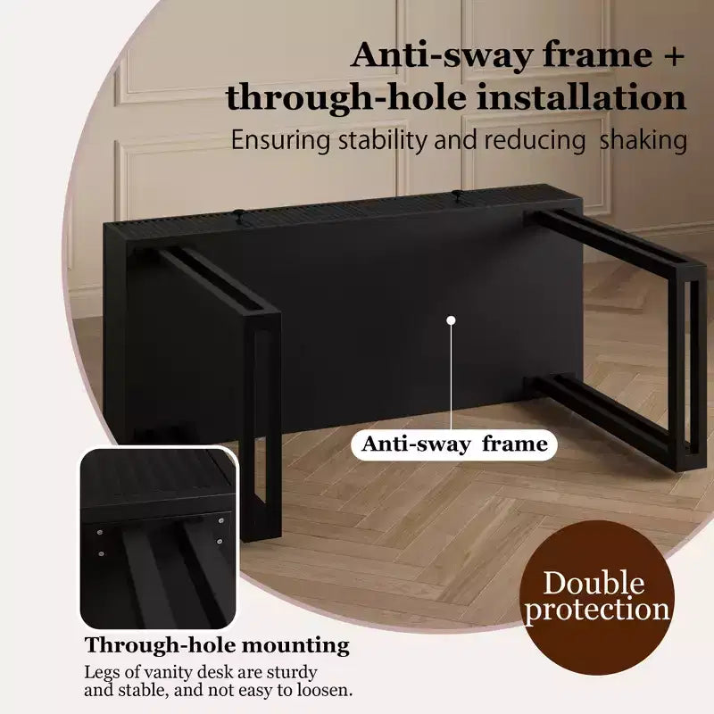 Coiffeuse avec miroir rond HD, petite coiffeuse noire moderne de 100 cm, table de maquillage avec 2 tiroirs, coiffeuse compacte pour filles pour chambre à coucher