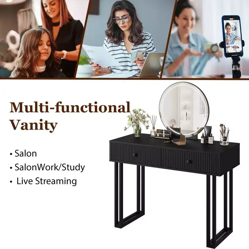 Coiffeuse avec miroir rond HD, petite coiffeuse noire moderne de 100 cm, table de maquillage avec 2 tiroirs, coiffeuse compacte pour filles pour chambre à coucher