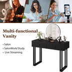 Coiffeuse avec miroir rond HD, petite coiffeuse noire moderne de 100 cm, table de maquillage avec 2 tiroirs, coiffeuse compacte pour filles pour chambre à coucher