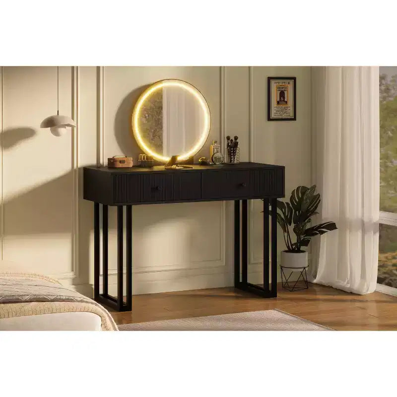 Coiffeuse avec miroir rond HD, petite coiffeuse noire moderne de 100 cm, table de maquillage avec 2 tiroirs, coiffeuse compacte pour filles pour chambre à coucher