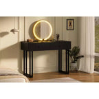 Coiffeuse avec miroir rond HD, petite coiffeuse noire moderne de 100 cm, table de maquillage avec 2 tiroirs, coiffeuse compacte pour filles pour chambre à coucher