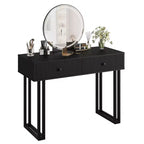Vanity Makeup Desk with HD Round Mirror, 40 Small Modern Black Vanity Desk, Dressing Table with 2 Drawers, Girls Compact Vanity Desk for Bedroom
