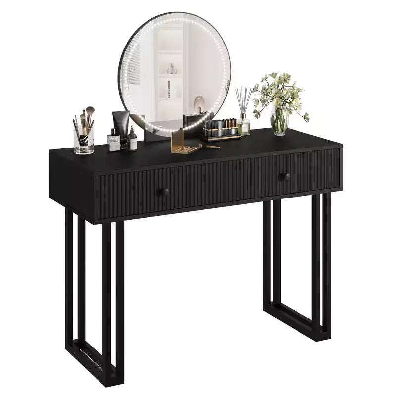 Vanity Makeup Desk with HD Round Mirror, 40 Small Modern Black Vanity Desk, Dressing Table with 2 Drawers, Girls Compact Vanity Desk for Bedroom