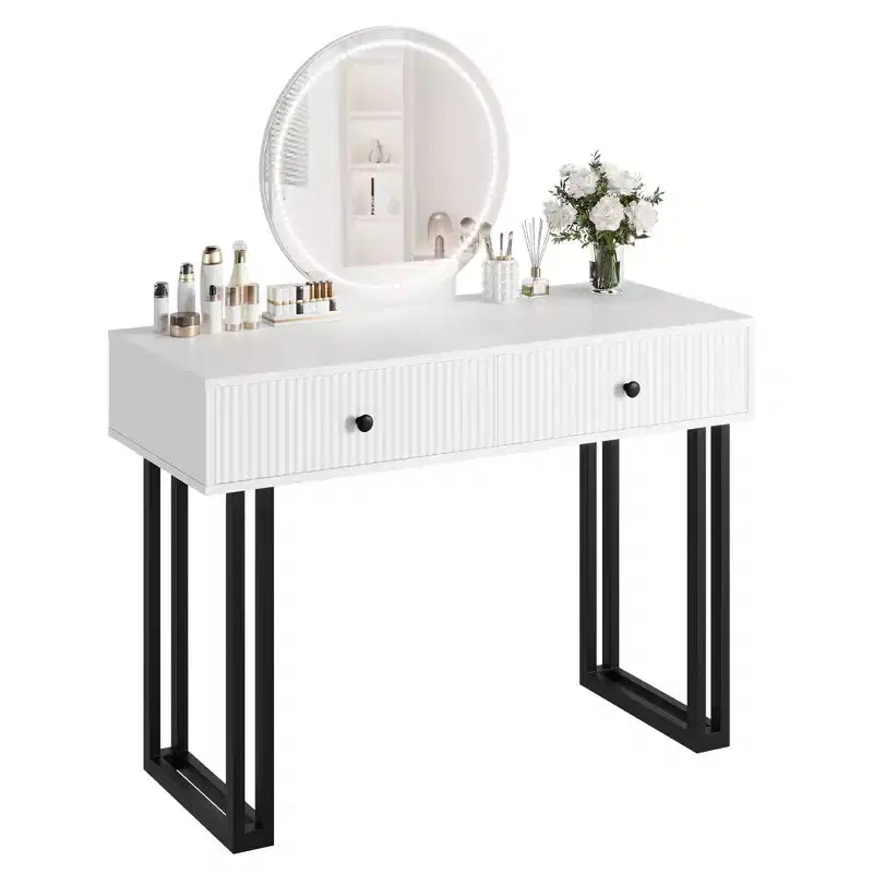 Coiffeuse avec miroir rond HD, petite coiffeuse noire moderne de 100 cm, table de maquillage avec 2 tiroirs, coiffeuse compacte pour filles pour chambre à coucher
