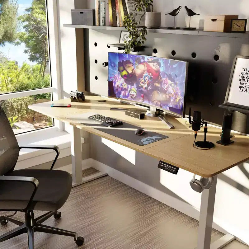 Scrivania da ufficio regolabile in altezza Celebalcony 71'', scrivanie per computer con memoria preimpostata, piano del tavolo giuntato, telaio bianco