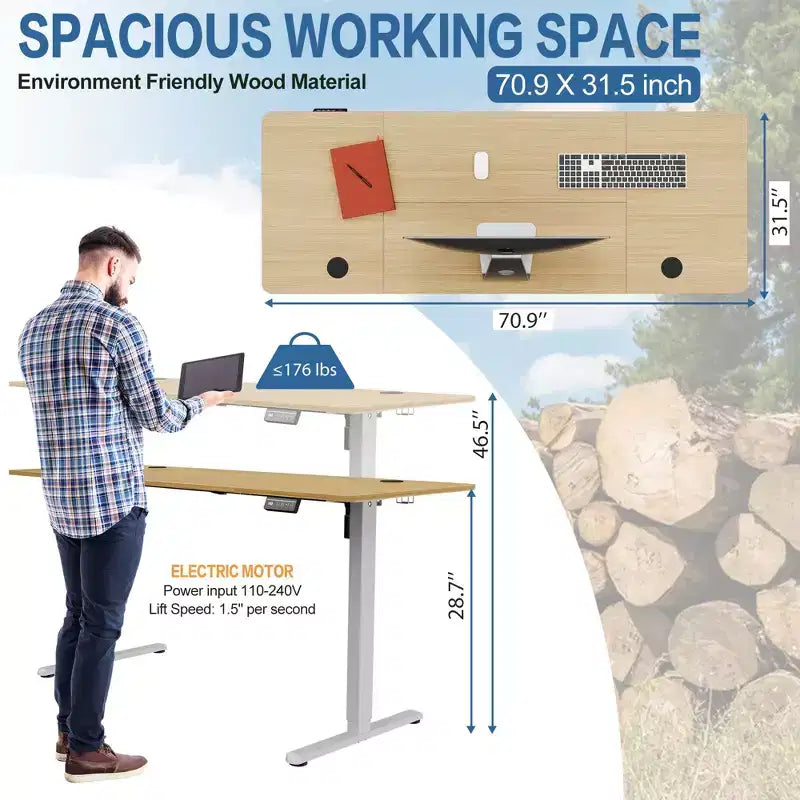 Scrivania da ufficio regolabile in altezza Celebalcony 71'', scrivanie per computer con memoria preimpostata, piano del tavolo giuntato, telaio bianco