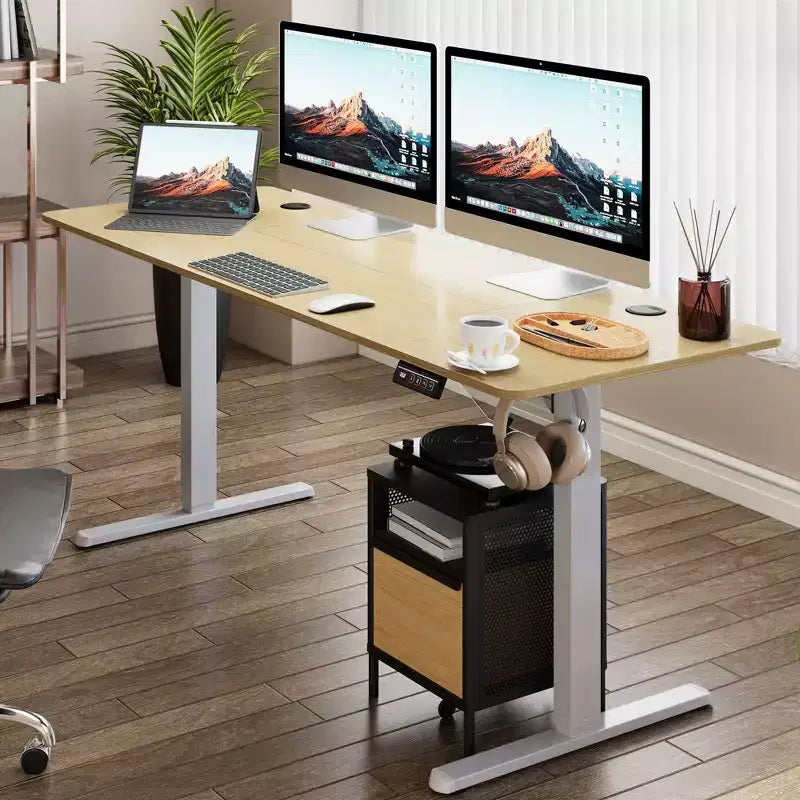 Scrivania da ufficio regolabile in altezza Celebalcony 71'', scrivanie per computer con memoria preimpostata, piano del tavolo giuntato, telaio bianco