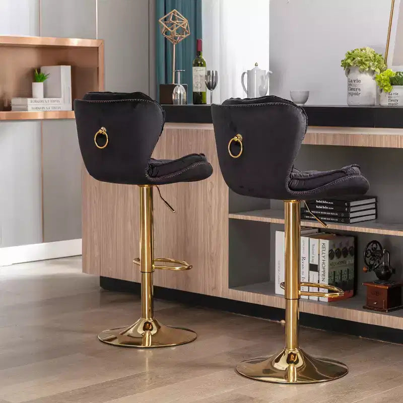 Okak Chic Tabourets de Bar en Velours Hauteur de Comptoir, Lot de 2, Tabourets de Bar Pivotants avec Réglage Mécanique de la Hauteur, Dossier Capitonnée et Repose-Pieds Chromé