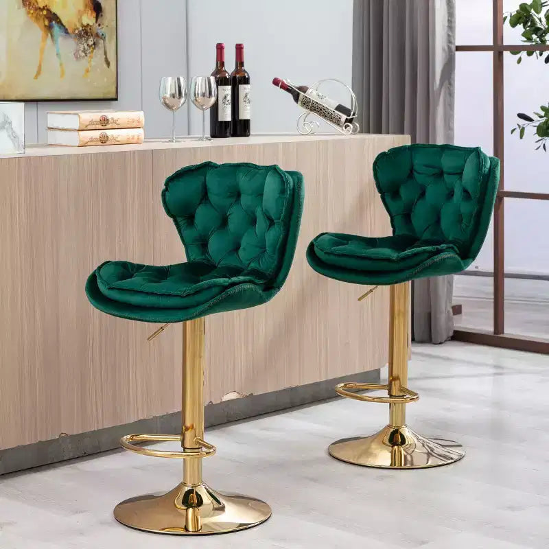 Okak Chic Tabourets de Bar en Velours Hauteur de Comptoir, Lot de 2, Tabourets de Bar Pivotants avec Réglage Mécanique de la Hauteur, Dossier Capitonnée et Repose-Pieds Chromé