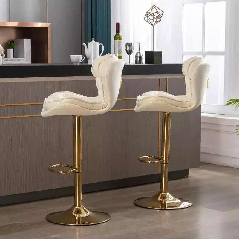 Okak Chic Tabourets de Bar en Velours Hauteur de Comptoir, Lot de 2, Tabourets de Bar Pivotants avec Réglage Mécanique de la Hauteur, Dossier Capitonnée et Repose-Pieds Chromé