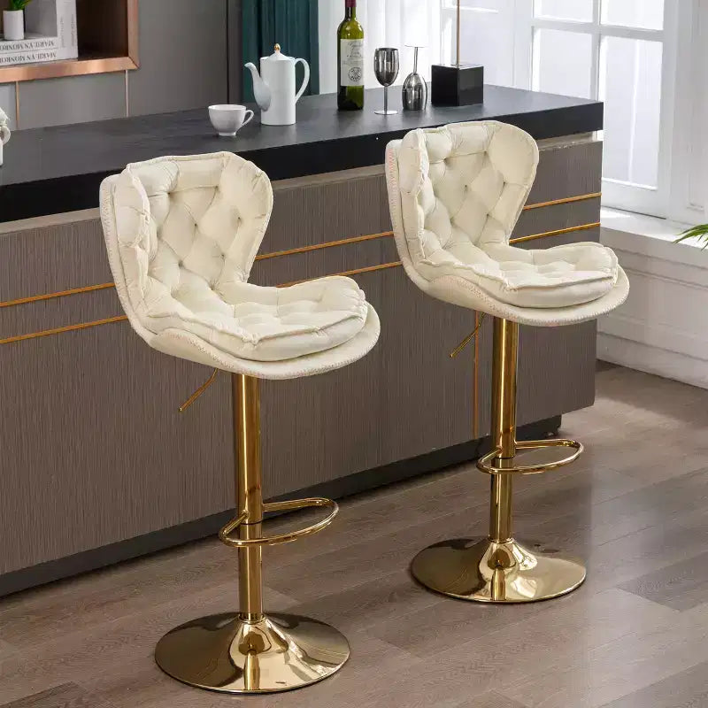 Okak Chic Tabourets de Bar en Velours Hauteur de Comptoir, Lot de 2, Tabourets de Bar Pivotants avec Réglage Mécanique de la Hauteur, Dossier Capitonnée et Repose-Pieds Chromé