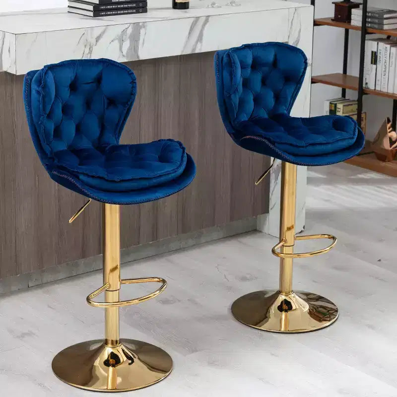 Okak Chic Tabourets de Bar en Velours Hauteur de Comptoir, Lot de 2, Tabourets de Bar Pivotants avec Réglage Mécanique de la Hauteur, Dossier Capitonnée et Repose-Pieds Chromé