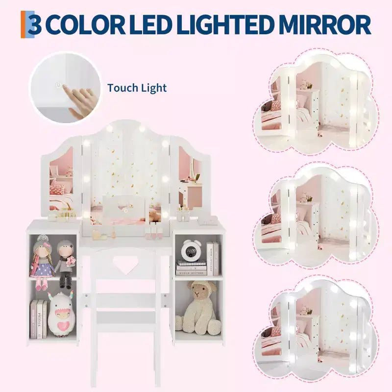 Coiffeuse et Chaise de Princesse pour Filles avec Miroir Triptyque, Coiffeuse Lumineuse Tactile avec Rangement et Chaise à Dossier Haut - Cadeau pour Filles