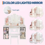 Coiffeuse et Chaise de Princesse pour Filles avec Miroir Triptyque, Coiffeuse Lumineuse Tactile avec Rangement et Chaise à Dossier Haut - Cadeau pour Filles