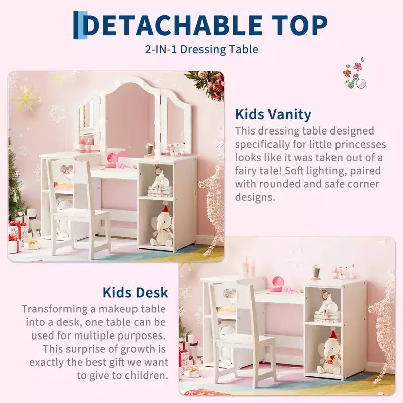Coiffeuse et Chaise de Princesse pour Filles avec Miroir Triptyque, Coiffeuse Lumineuse Tactile avec Rangement et Chaise à Dossier Haut - Cadeau pour Filles