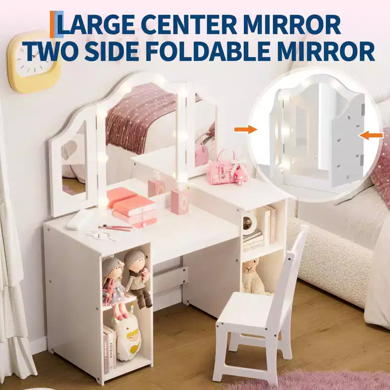 Coiffeuse et Chaise de Princesse pour Filles avec Miroir Triptyque, Coiffeuse Lumineuse Tactile avec Rangement et Chaise à Dossier Haut - Cadeau pour Filles