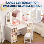 Coiffeuse et Chaise de Princesse pour Filles avec Miroir Triptyque, Coiffeuse Lumineuse Tactile avec Rangement et Chaise à Dossier Haut - Cadeau pour Filles