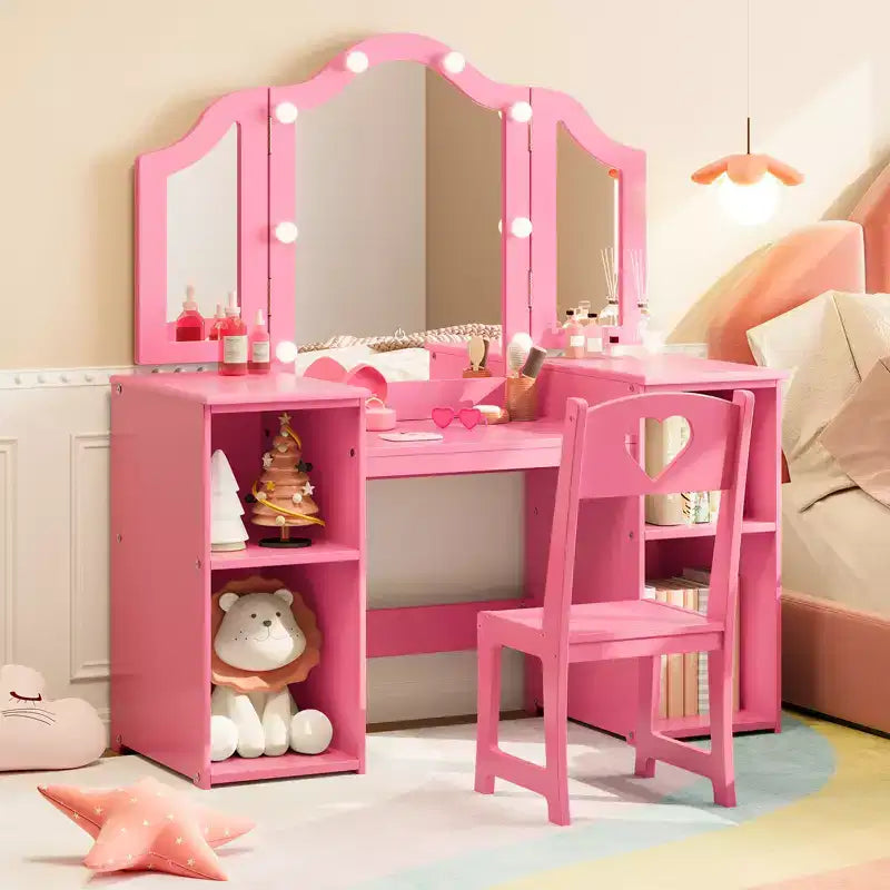 Coiffeuse et Chaise de Princesse pour Filles avec Miroir Triptyque, Coiffeuse Lumineuse Tactile avec Rangement et Chaise à Dossier Haut - Cadeau pour Filles