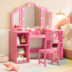 Coiffeuse et Chaise de Princesse pour Filles avec Miroir Triptyque, Coiffeuse Lumineuse Tactile avec Rangement et Chaise à Dossier Haut - Cadeau pour Filles