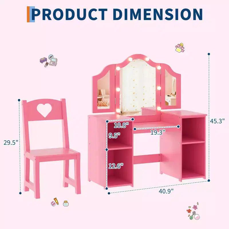 Coiffeuse et Chaise de Princesse pour Filles avec Miroir Triptyque, Coiffeuse Lumineuse Tactile avec Rangement et Chaise à Dossier Haut - Cadeau pour Filles