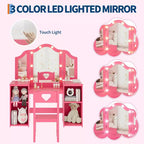 Coiffeuse et Chaise de Princesse pour Filles avec Miroir Triptyque, Coiffeuse Lumineuse Tactile avec Rangement et Chaise à Dossier Haut - Cadeau pour Filles