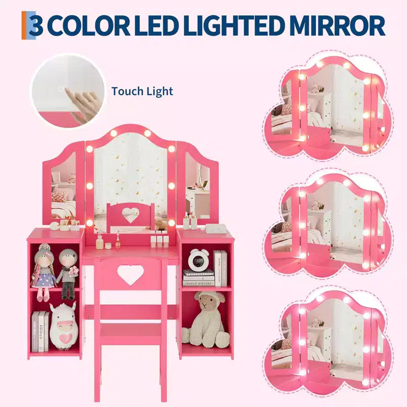 Coiffeuse et Chaise de Princesse pour Filles avec Miroir Triptyque, Coiffeuse Lumineuse Tactile avec Rangement et Chaise à Dossier Haut - Cadeau pour Filles