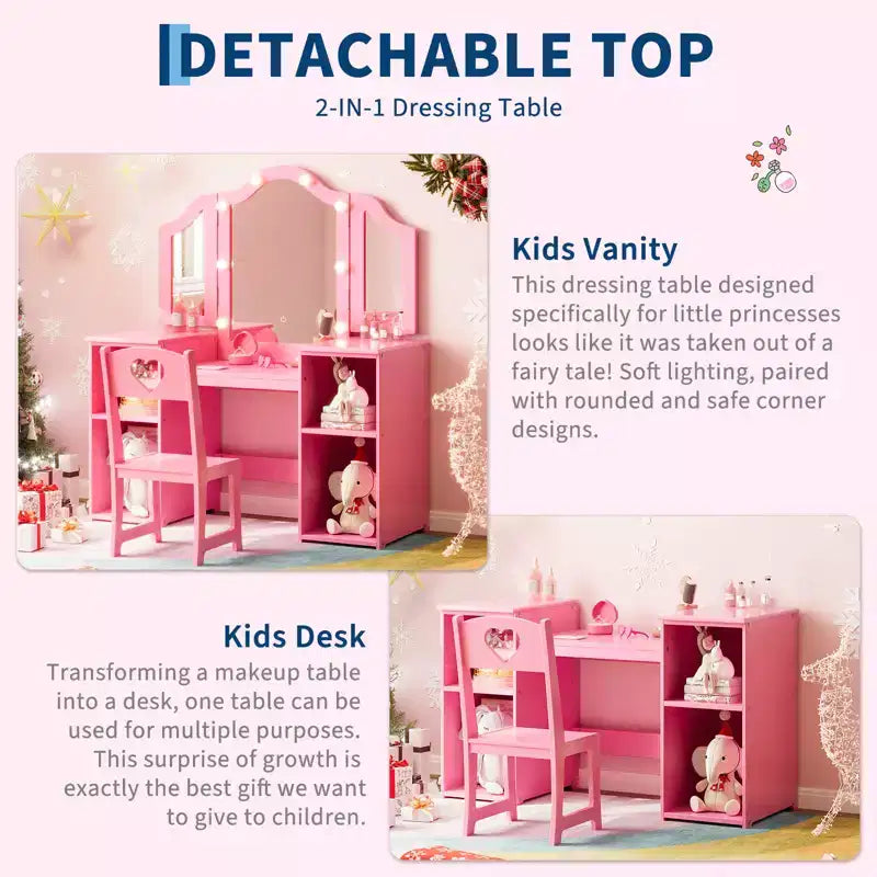 Coiffeuse et Chaise de Princesse pour Filles avec Miroir Triptyque, Coiffeuse Lumineuse Tactile avec Rangement et Chaise à Dossier Haut - Cadeau pour Filles