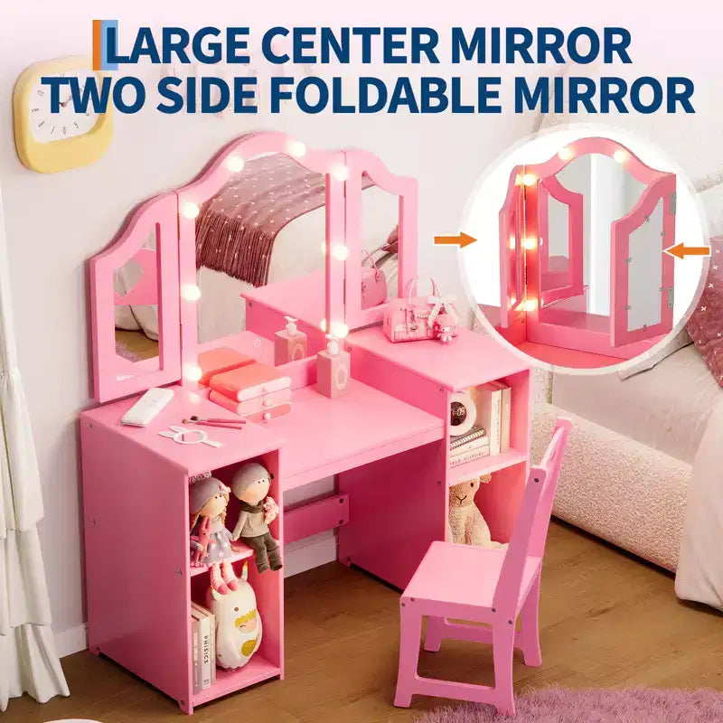 Coiffeuse et Chaise de Princesse pour Filles avec Miroir Triptyque, Coiffeuse Lumineuse Tactile avec Rangement et Chaise à Dossier Haut - Cadeau pour Filles