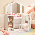 Coiffeuse et Chaise de Princesse pour Filles avec Miroir Triptyque, Coiffeuse Lumineuse Tactile avec Rangement et Chaise à Dossier Haut - Cadeau pour Filles