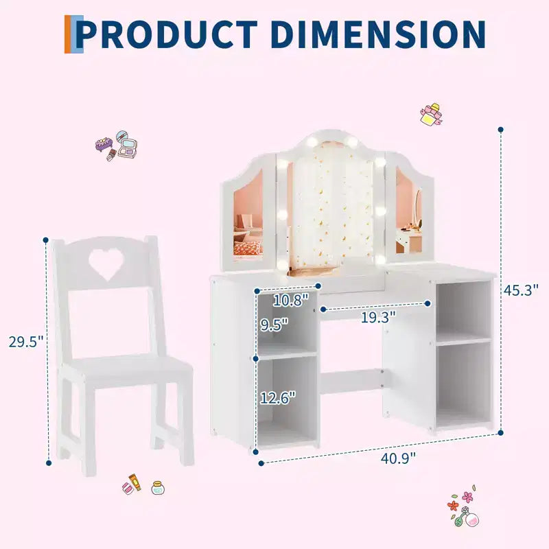 Coiffeuse et Chaise de Princesse pour Filles avec Miroir Triptyque, Coiffeuse Lumineuse Tactile avec Rangement et Chaise à Dossier Haut - Cadeau pour Filles