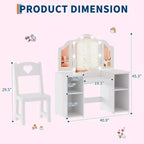 Coiffeuse et Chaise de Princesse pour Filles avec Miroir Triptyque, Coiffeuse Lumineuse Tactile avec Rangement et Chaise à Dossier Haut - Cadeau pour Filles