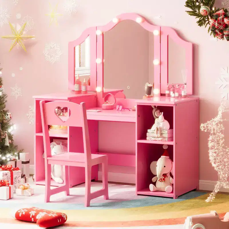 Coiffeuse et Chaise de Princesse pour Filles avec Miroir Triptyque, Coiffeuse Lumineuse Tactile avec Rangement et Chaise à Dossier Haut - Cadeau pour Filles