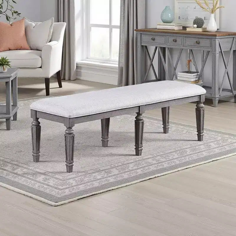 Royal Hampton Dining Bench with Turned Legs, 64 Inch Gray Wood and Fabric