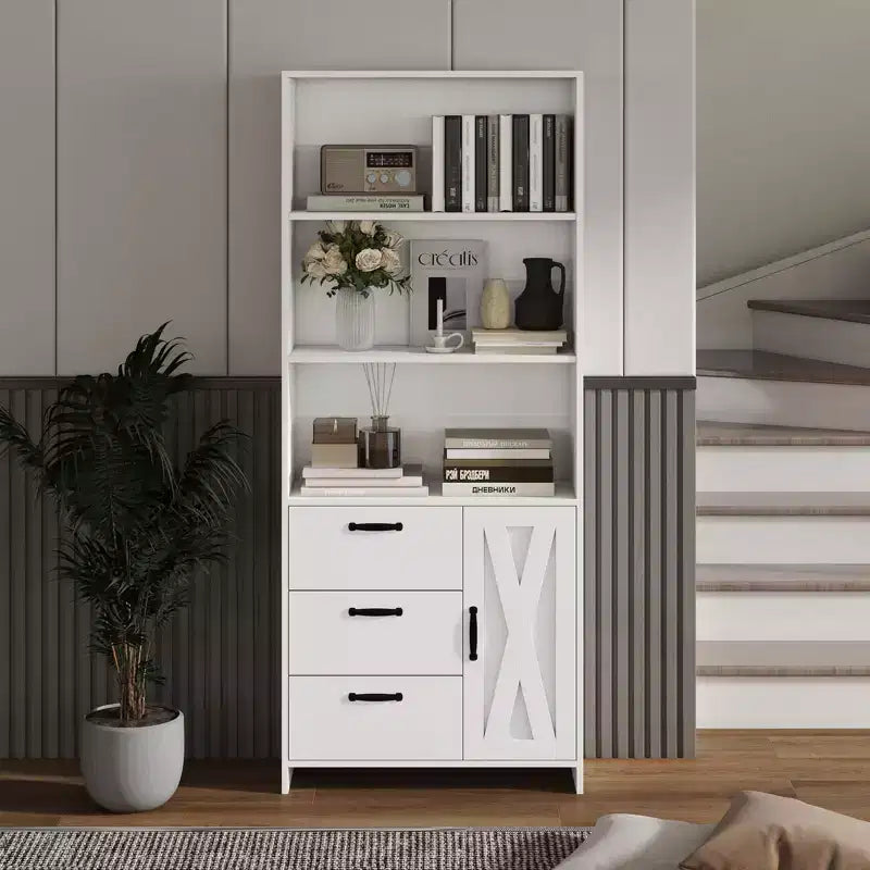 Bibliothèque haute de 180 cm avec porte, 3 tiroirs et étagères ouvertes, armoire de rangement en bois à 6 niveaux pour bureau, salon, chambre à coucher