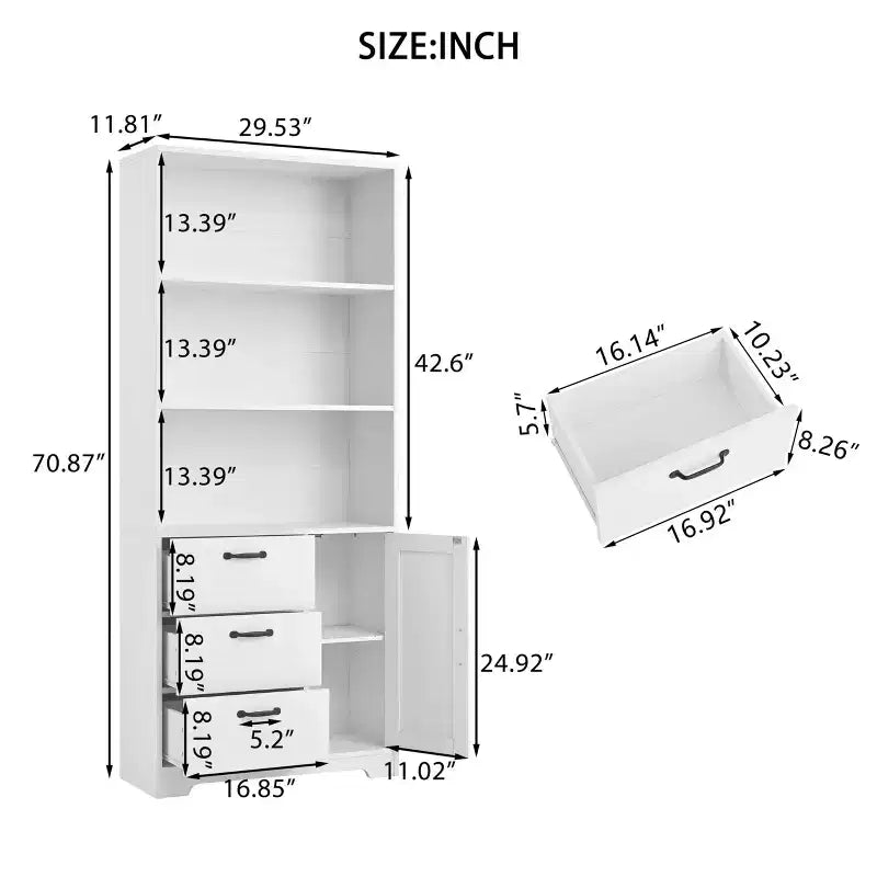 Bibliothèque haute de 180 cm avec porte, 3 tiroirs et étagères ouvertes, armoire de rangement en bois à 6 niveaux pour bureau, salon, chambre à coucher