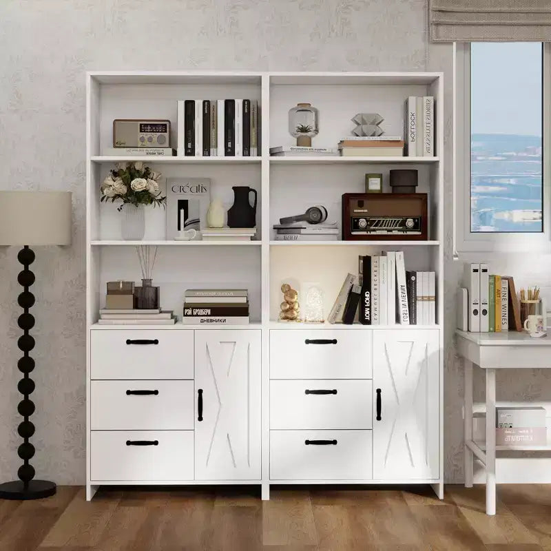 Bibliothèque haute de 180 cm avec porte, 3 tiroirs et étagères ouvertes, armoire de rangement en bois à 6 niveaux pour bureau, salon, chambre à coucher