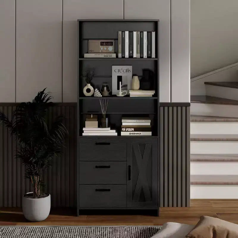 Bibliothèque haute de 180 cm avec porte, 3 tiroirs et étagères ouvertes, armoire de rangement en bois à 6 niveaux pour bureau, salon, chambre à coucher