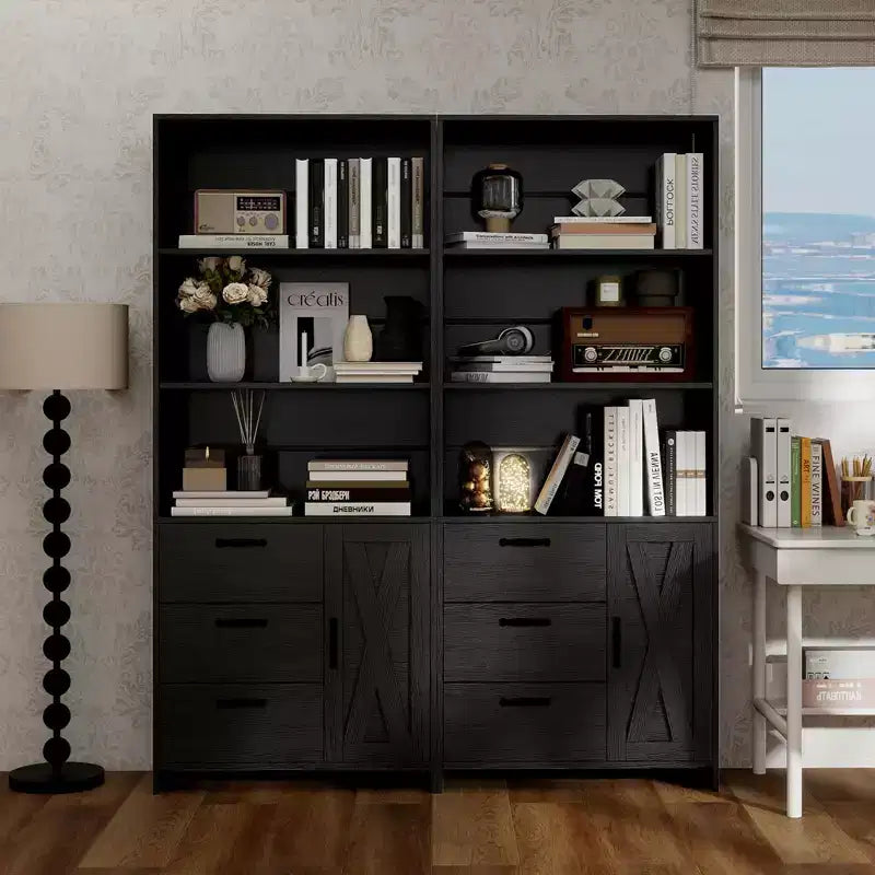 Bibliothèque haute de 180 cm avec porte, 3 tiroirs et étagères ouvertes, armoire de rangement en bois à 6 niveaux pour bureau, salon, chambre à coucher