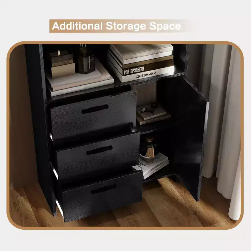 Bibliothèque haute de 180 cm avec porte, 3 tiroirs et étagères ouvertes, armoire de rangement en bois à 6 niveaux pour bureau, salon, chambre à coucher