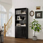 Bibliothèque haute de 180 cm avec porte, 3 tiroirs et étagères ouvertes, armoire de rangement en bois à 6 niveaux pour bureau, salon, chambre à coucher