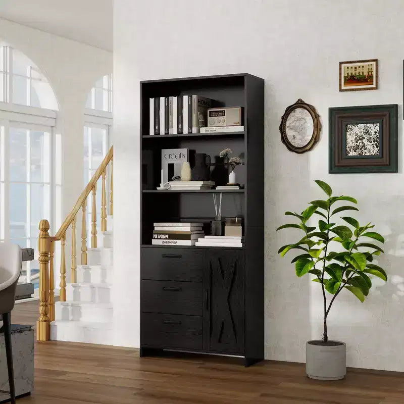 Bibliothèque haute de 180 cm avec porte, 3 tiroirs et étagères ouvertes, armoire de rangement en bois à 6 niveaux pour bureau, salon, chambre à coucher