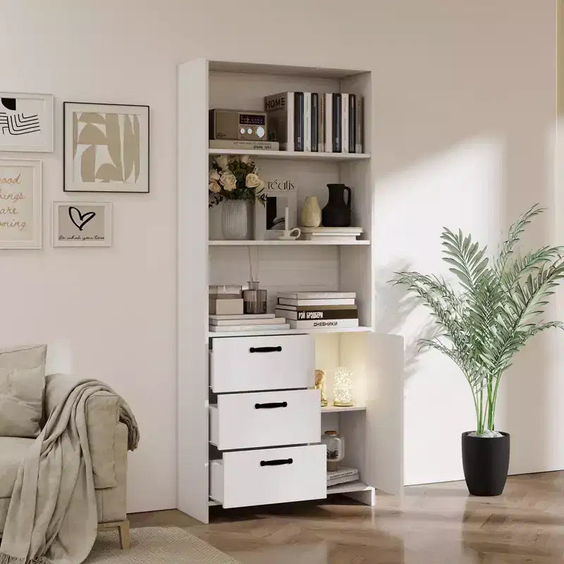 Libreria Alta 180cm con Anta, 3 Cassetti e Ripiani Aperti, Armadio Contenitore in Legno a 6 Livelli per Ufficio, Soggiorno, Camera da Letto