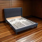 Royal Hampton Queen Size Bed with Tufted Headboard, Charcoal Burlap Upholstery, Wood