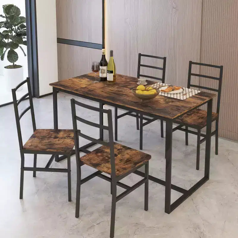 Ensemble de salle à manger 5 pièces Okak de style industriel avec table et chaises à dossier pour salle à manger, restaurant, ensemble dinette en métal et bois pour dîner en famille